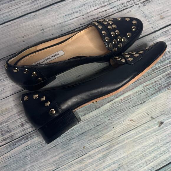 Diane Von Furstenberg DVF Black Leather Studded Heel Loafers 7 - Picture 1 of 4